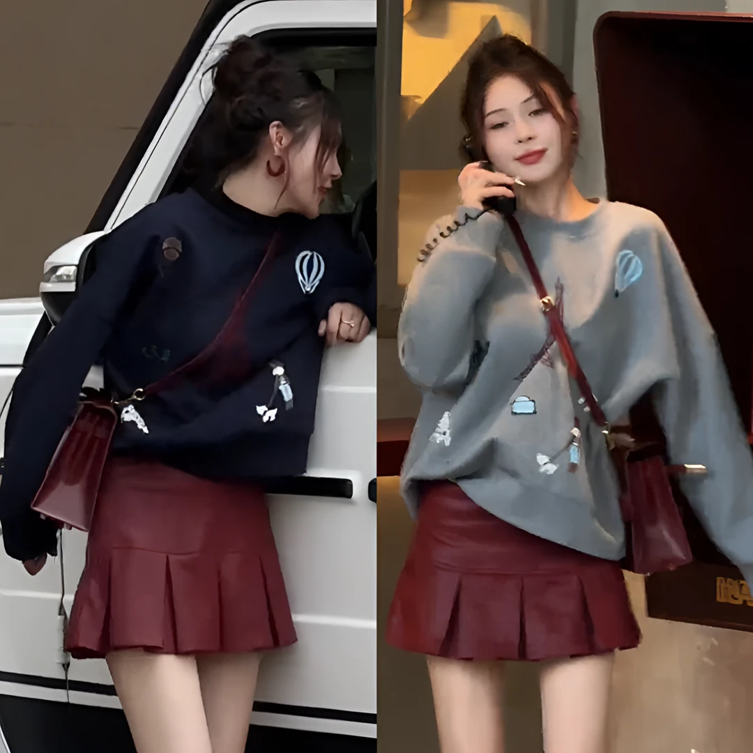 2024秋季欧尚时尚性感辣妹炸街高腰百搭百褶裙皮裙+时尚卫衣套装