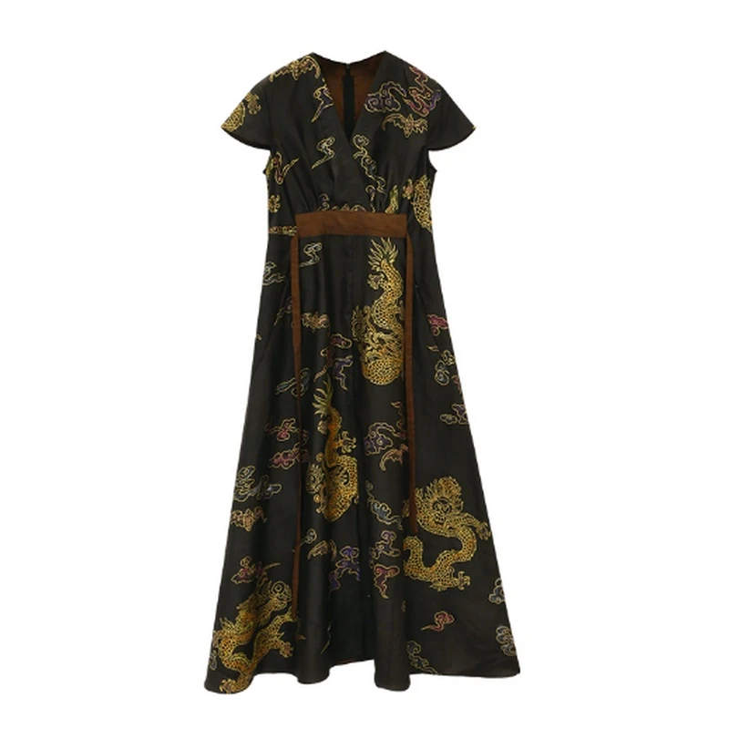 SUOER/娑尔龙游四方手绘香云纱连衣裙SF2LB00053