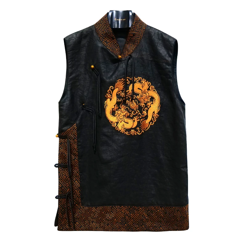 SUOER/娑尔娑尔黑底咖线回形纹绣边团龙绣马夹SH2SB02343