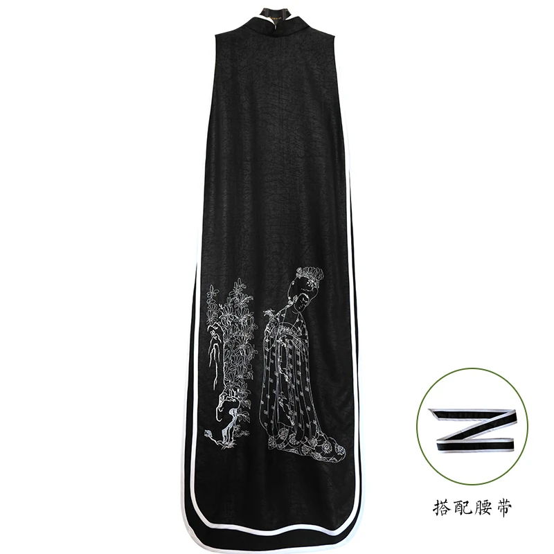 娑尔香云纱黑底白边拈花仕女图马夹SG2LB01378