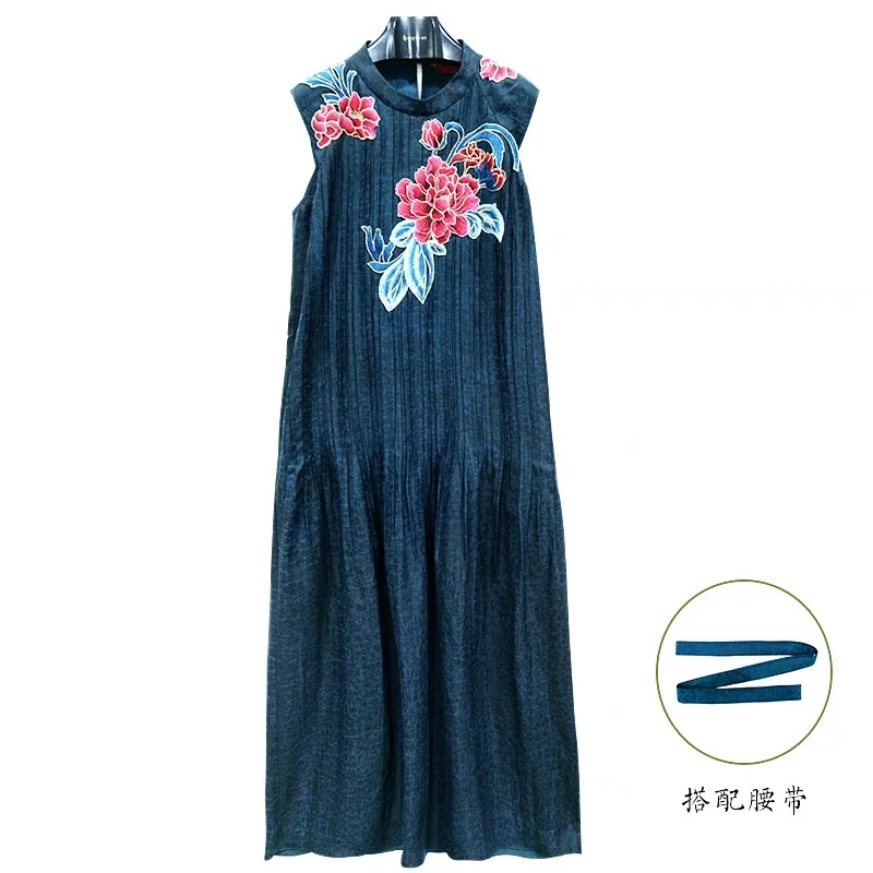 娑尔牡丹贴花蓝色百褶连衣裙SH2LN02145