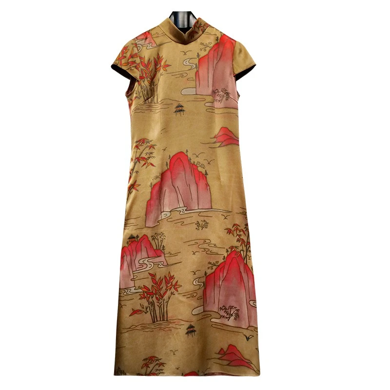 娑尔三色山水图重缎香云纱连衣裙SF4LN00746蓝 /00747杏 /00746-2