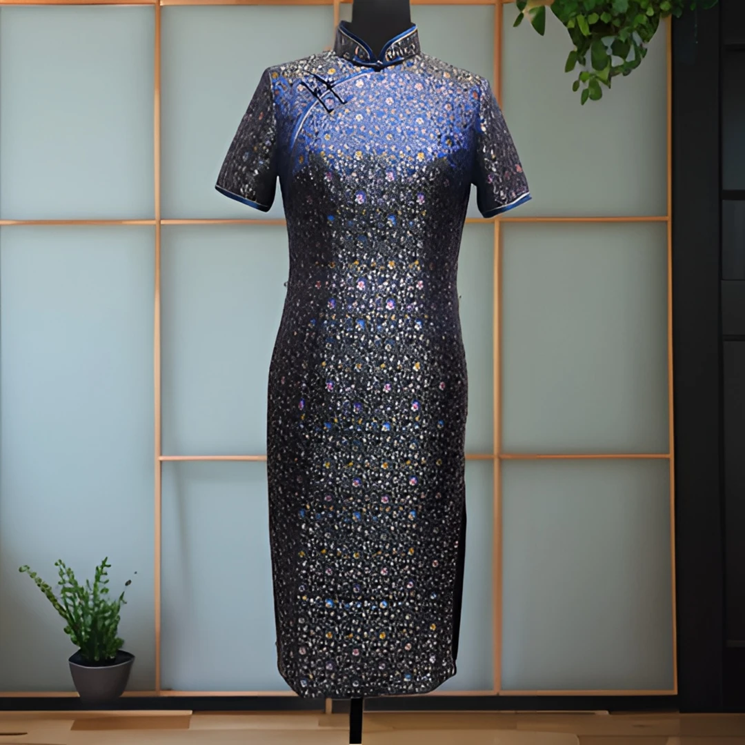 格格织锦蓝色气质中长旗袍黑色时尚修身复古优雅显瘦高贵国风日常