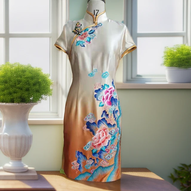 格格品牌 黄色真丝渐变色精致绣花短旗袍 4320286115