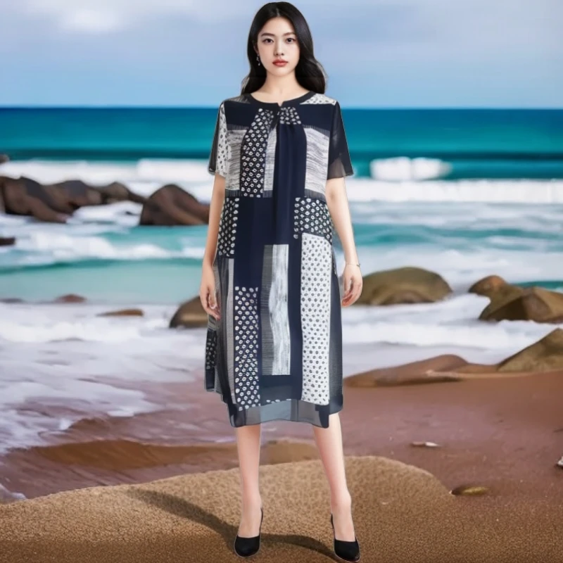 格格  夏季蚕丝宽松黑白格子女装连衣裙G92GP020195