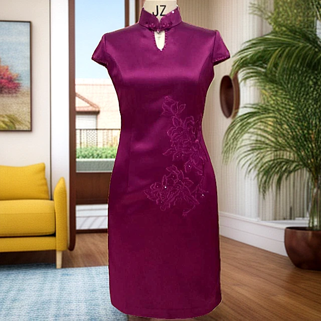 格格品牌    繁华星蕊精美刺绣月牙袖短旗袍     G64MD020017