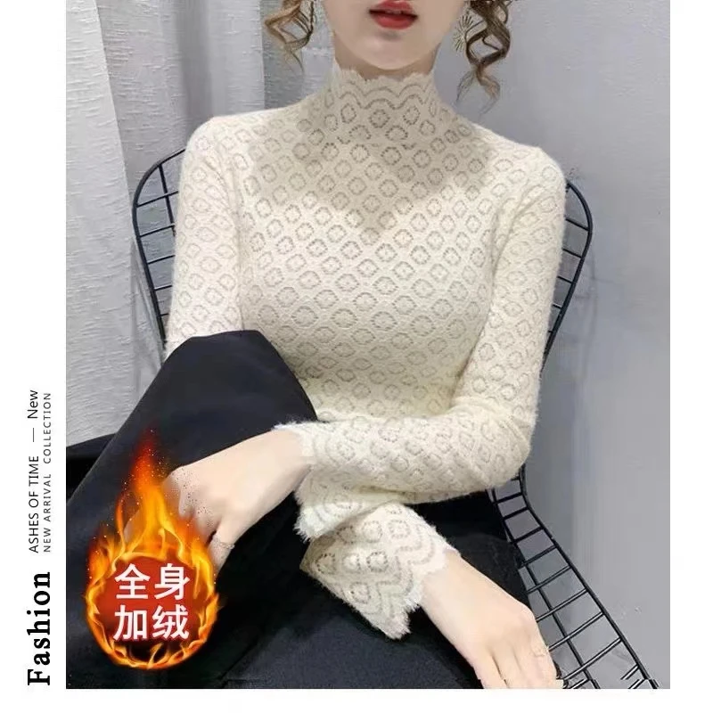 秋季新款半高领磨毛蕾丝衫修身百搭弹力内搭舒服适镂空打底衫长袖