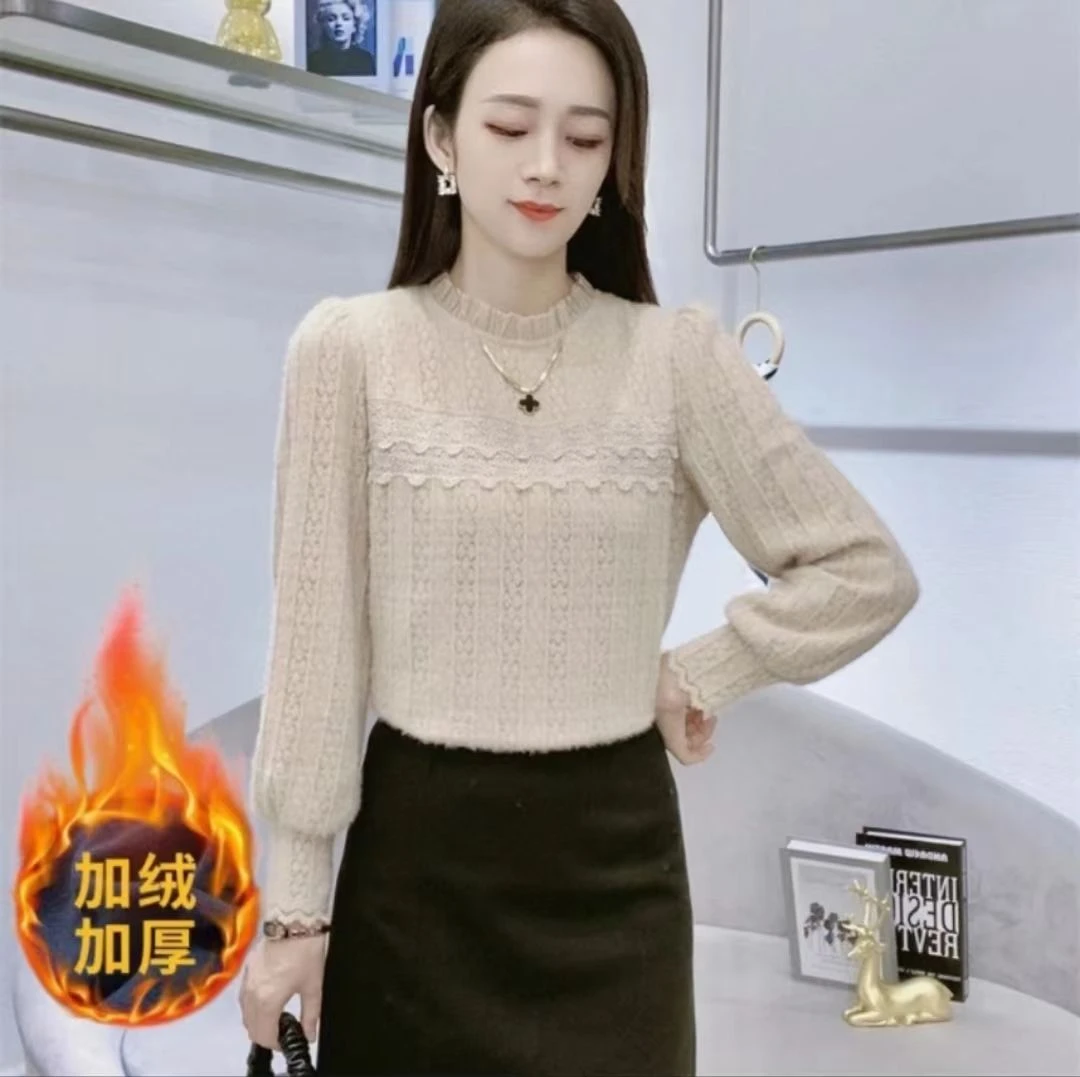 蕾丝蕾丝磨毛加绒打底衫百搭蕾丝衫加绒气质网红洋气