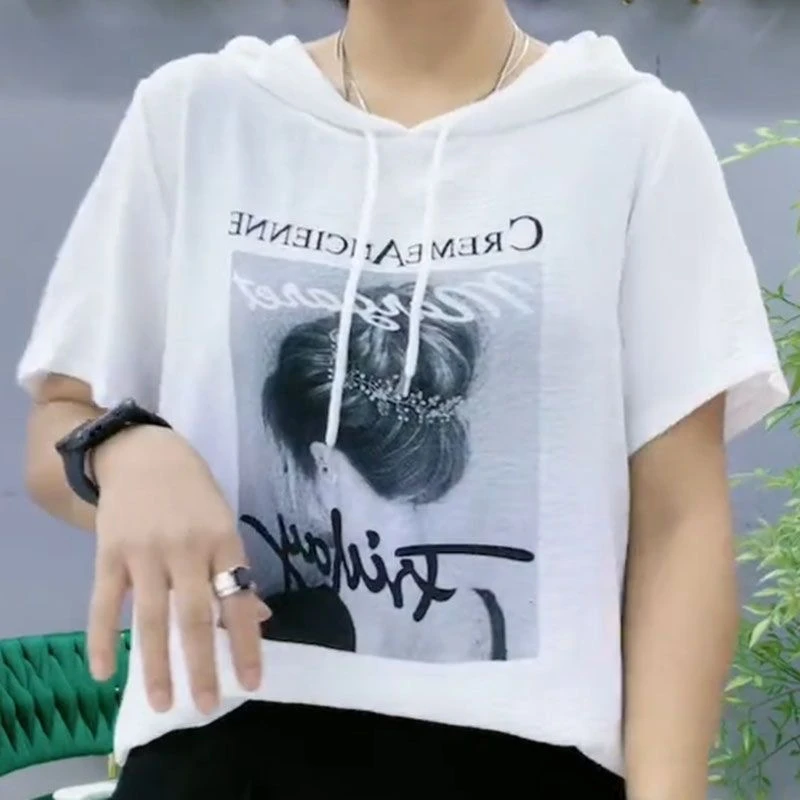 夏季2024新款遮肉印花短袖时尚T恤百搭洋气宽松休闲连帽上衣女
