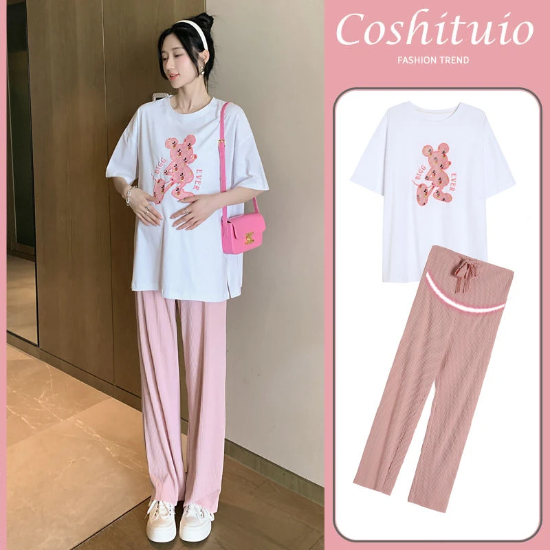 孕妇套装夏季时尚阔腿裤子纯棉薄款t恤短袖上衣休闲显瘦两件套