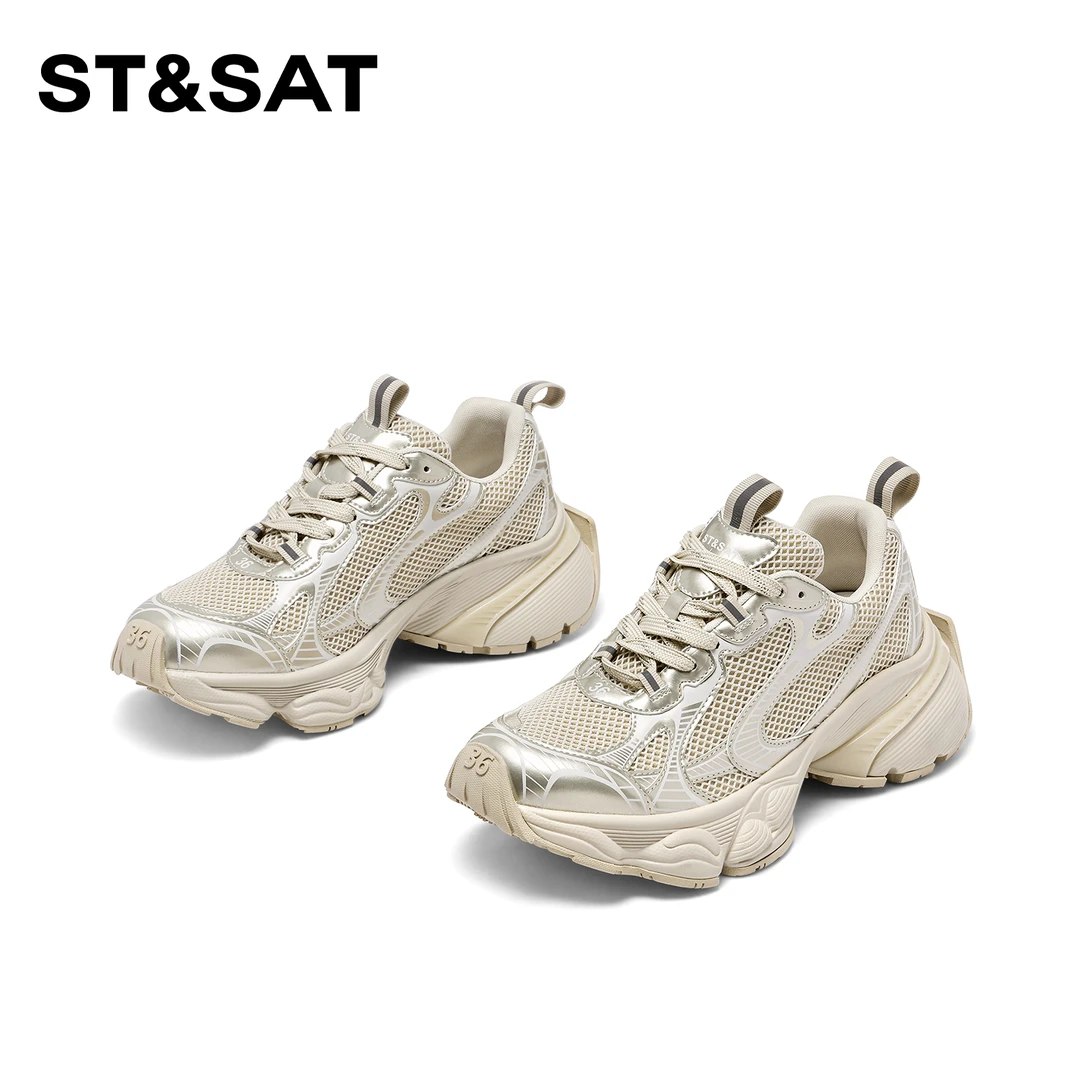 St&Sat/星期六拼色时尚老爹鞋2024女新款潮流百搭系带厚底休闲鞋