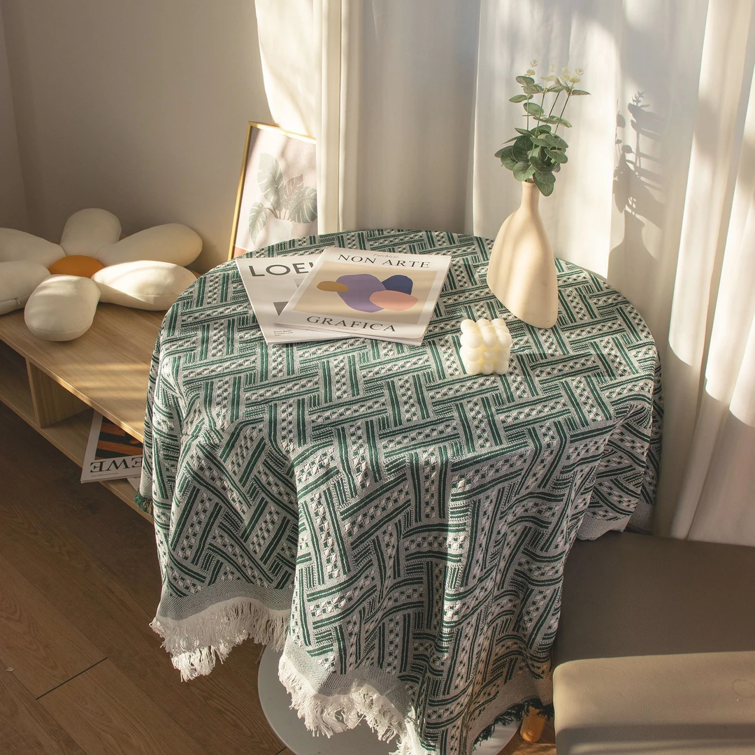 【90*90绿白】北欧风桌布野餐垫加厚针织书桌台布茶几餐桌布沙发巾