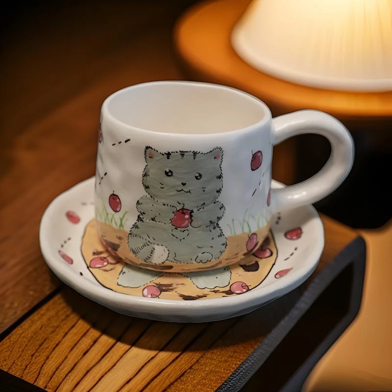 【南瓷轩茶器】手绘小猫抱苹果咖啡杯一套