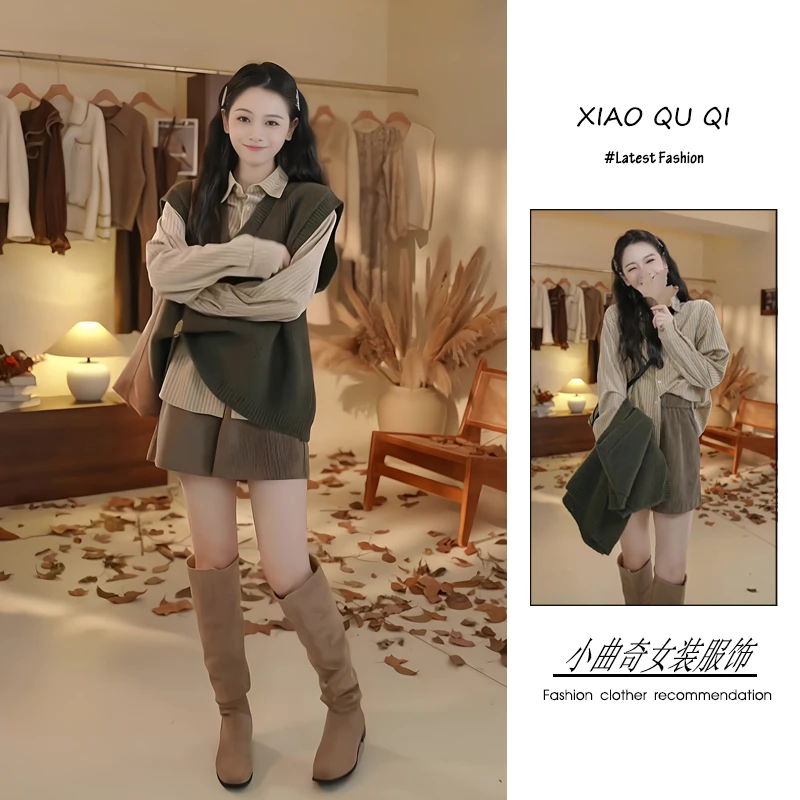 2024年秋冬韩系复古时尚潮流百搭精品女装衬衫马甲短裤洋气三件套