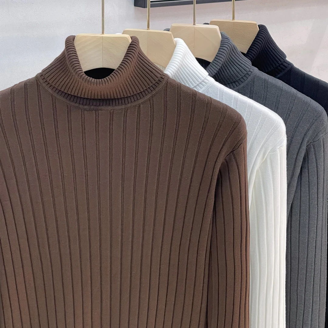 弹力坑条纹黑色高领休闲毛衣男韩系修身针织衫翻领长袖保暖打底衫