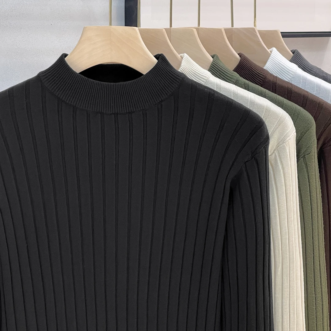 男士肌理感中领毛衣弹力坑条提花半高领套头针织衫打底衫男毛衫线