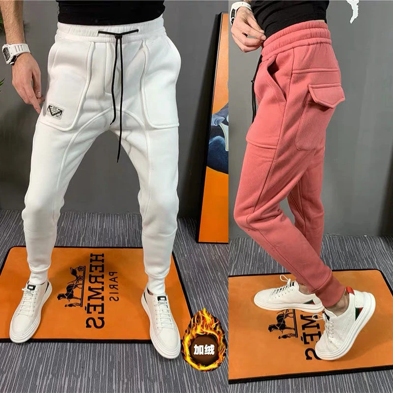 冬季加绒加厚休闲裤男韩版潮流修身小脚裤快手纯色百搭运动束脚裤
