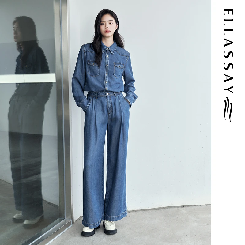 ELLASSAY歌力思2024秋季新款宽松复古阔腿牛仔裤女E353N03000