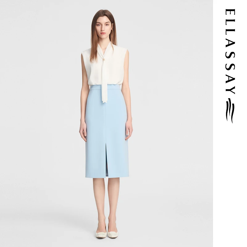 歌力思新款肌理蓝醋酸职业气质高腰连衣裙女EWE353Y01900