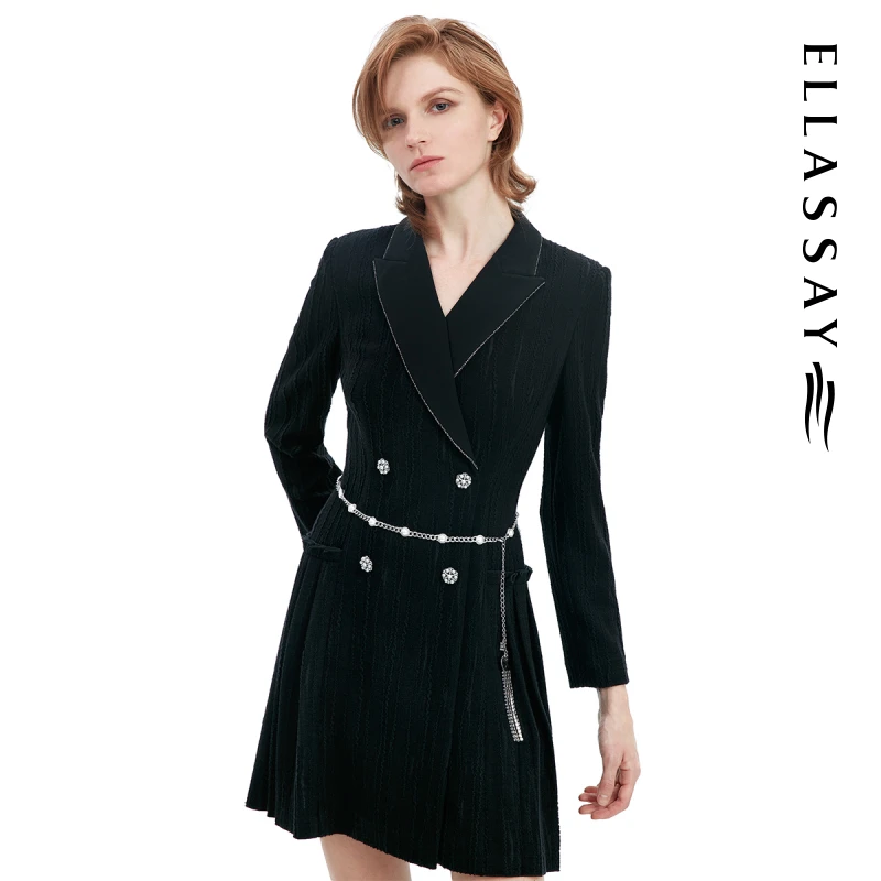 ELLASSAY歌力思薄荷曼波静奢风黑色气质收腰连衣裙EWE331Y08600