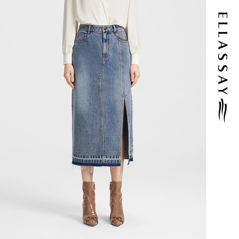 ELLASSAY歌力思新款纯棉复古开叉牛仔半裙女EWB343N00500