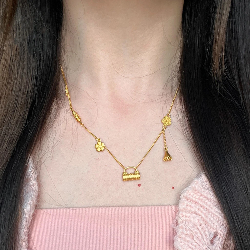 铜合金项链 新品硕果累累花丝锁包项链流苏小花轻奢高级感锁骨链