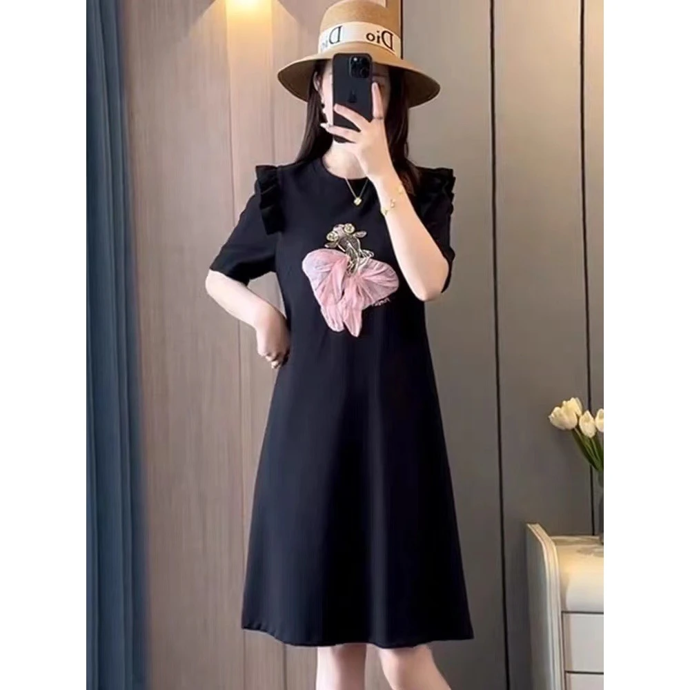 赫本风黑色连衣裙女夏季休闲时尚减龄短袖t恤裙遮肉显瘦中长裙子