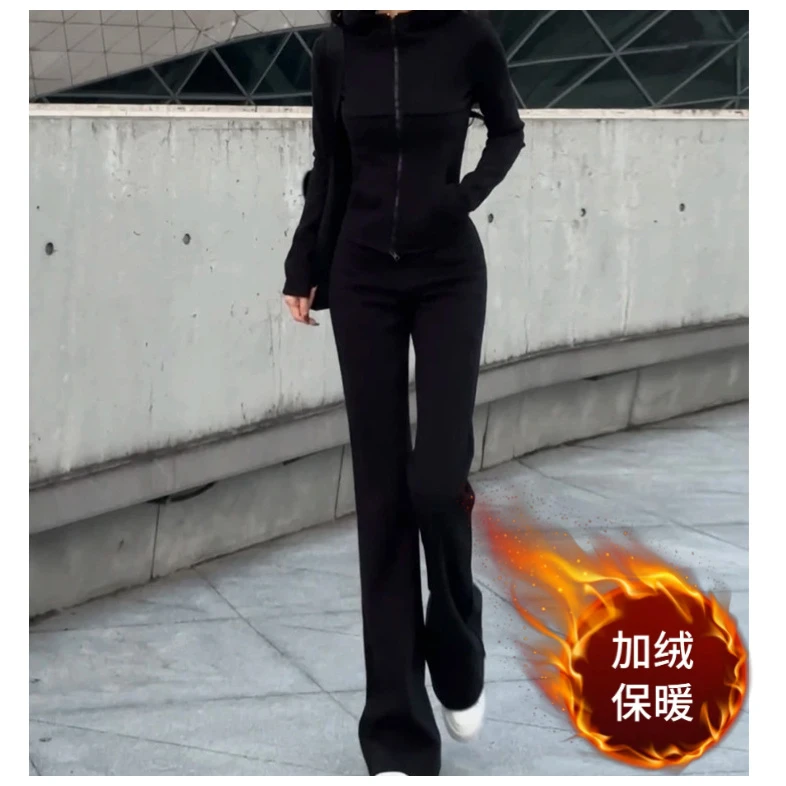 休闲运动套装春秋2025新款连帽加绒卫衣外套高腰阔腿裤两件套装女