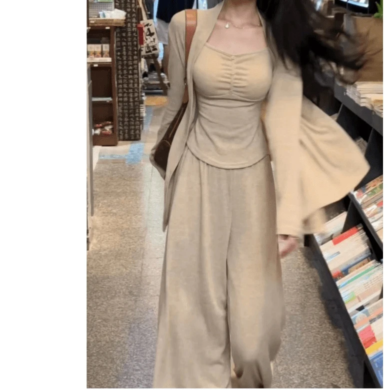 韩版气质慵懒时尚辣妹吊带开衫女装秋季新款休闲百搭阔腿裤三件套