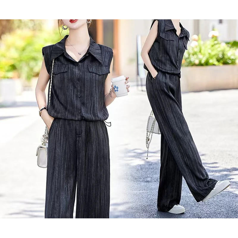 时尚休闲条纹套装女2025夏装新款高级感无袖抽褶衬衫阔腿裤两件套
