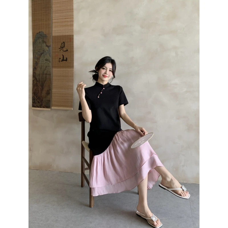 韩国chic夏季新款复古新中式斜扣立领高级感撞色拼接鱼尾连衣裙女