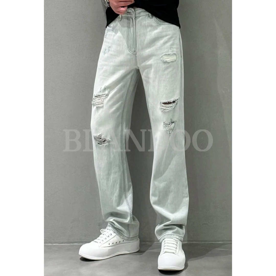 BLANDOO 夏季新款  男士休闲百搭灰白色破洞直筒牛仔裤76897