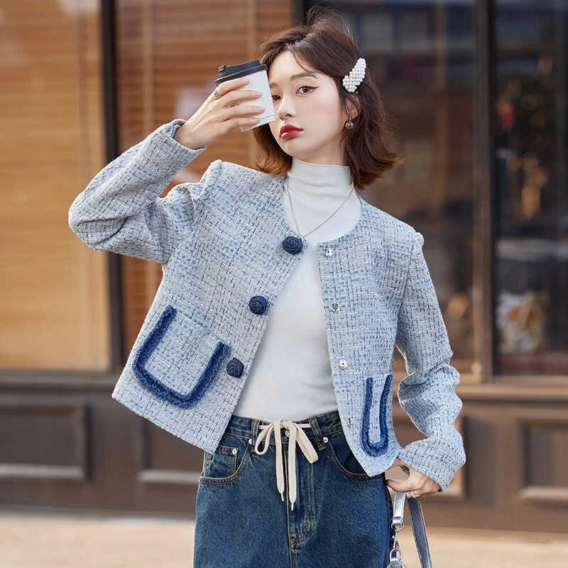 粗花呢蓝色亮丝花朵扣小香风外套女2024秋高级感气质撞色圆领上衣