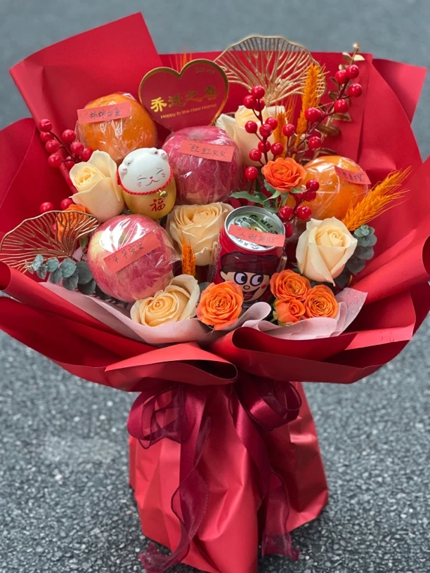 水果玫瑰花束红色系