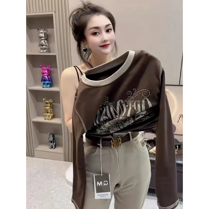 欧货2024秋冬美式复古字母印花德绒保暖长袖T恤女修身插肩袖上衣