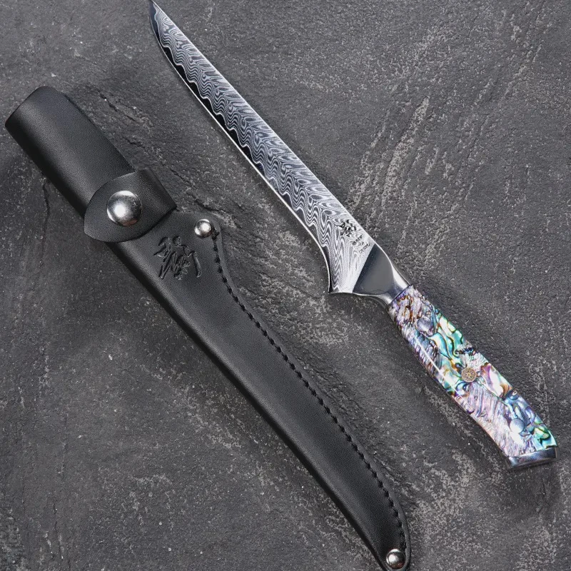 [影]大马士革钢高档剔骨鲍鱼壳树脂10CR15MOV家用水果刀