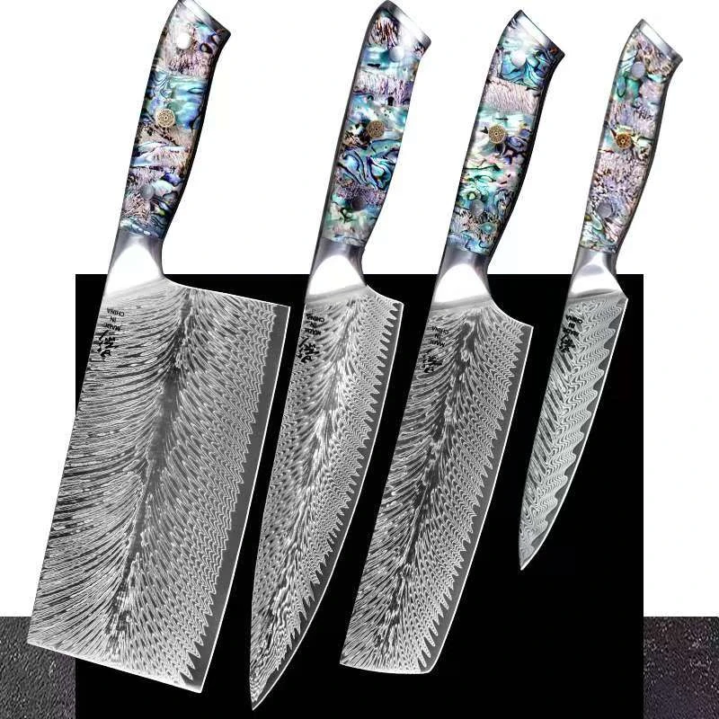 《影》大马士革鲍鱼壳羽毛纹四件套中式主厨平头万用刀钢粉末钢套装