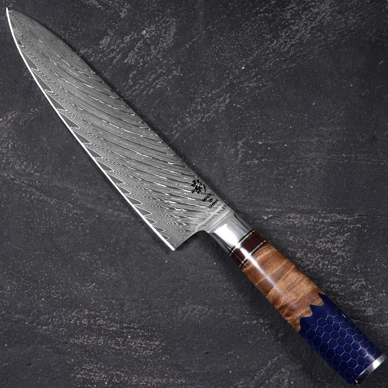 《影》蜂窝树脂柳木手柄大马士革羽毛纹主厨牛刀AUS-10硬度61HRC