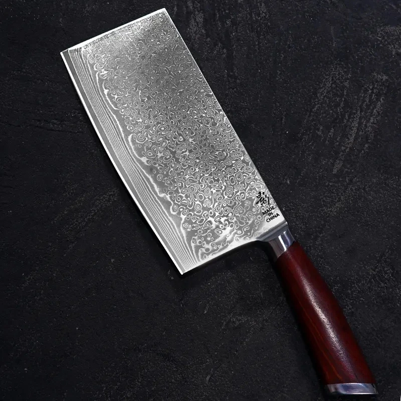 《影旗舰》67层大马士革钢材红檀木雨滴纹中式切片10cr15mov家用刀