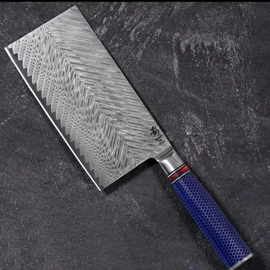 《影》蜂窝手柄真大马士革鱼骨纹中式切片 10cr钢61HRC高端家用刀