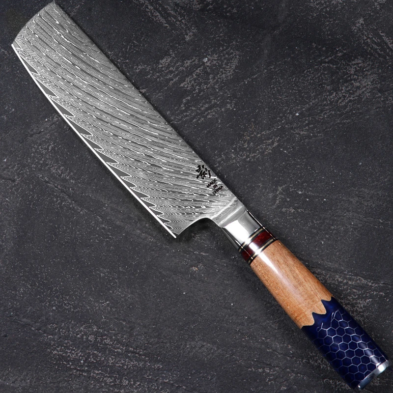 《影》蜂窝树脂柳木手柄大马士革羽毛纹平头菜切AUS-10硬度61HRC