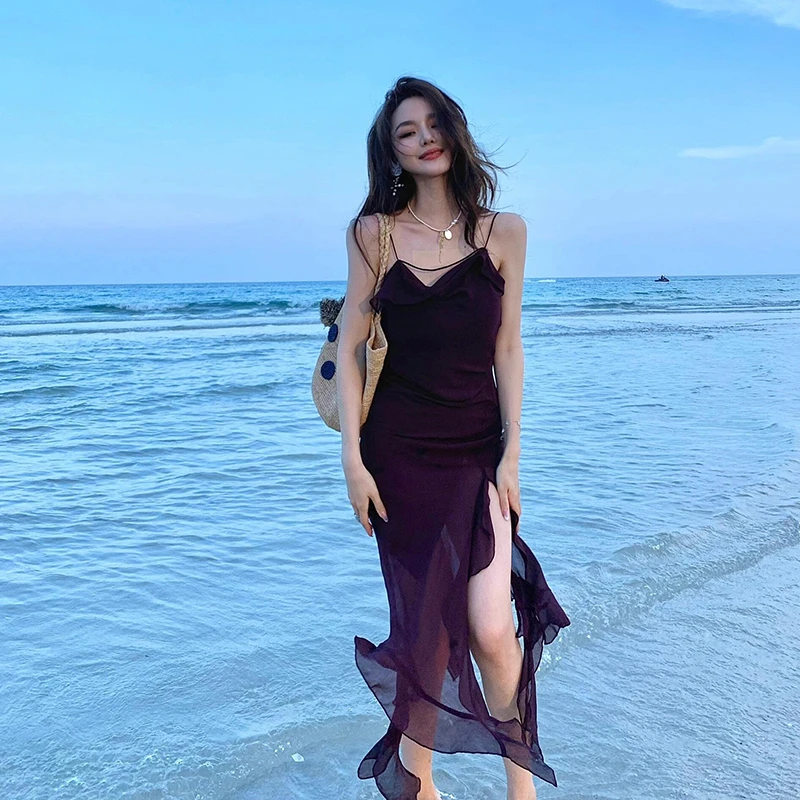 欲风荷叶边不规则吊带连衣裙小众设计感气质中长款度假裙子