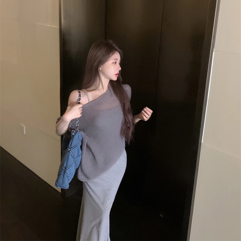 沙丘废土风御姐吊带裙纯色长裙遮肉包臀裙