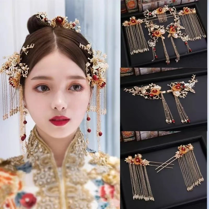 古风新娘秀禾头饰中式结婚龙凤褂红色汉服发饰套装