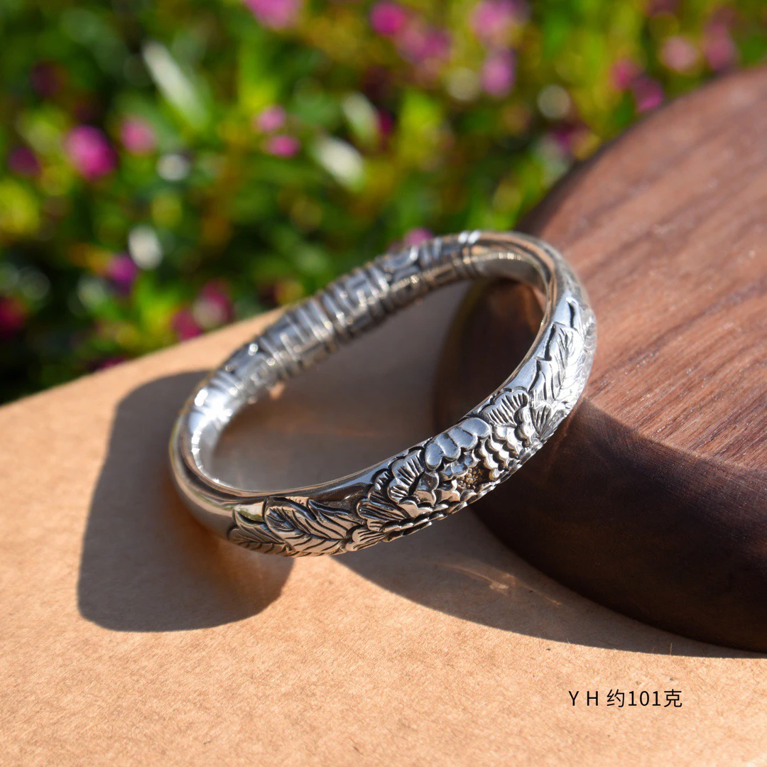 足银手镯 云南寸家银饰 足银999 纯手工制作《钱币牡丹》约101克