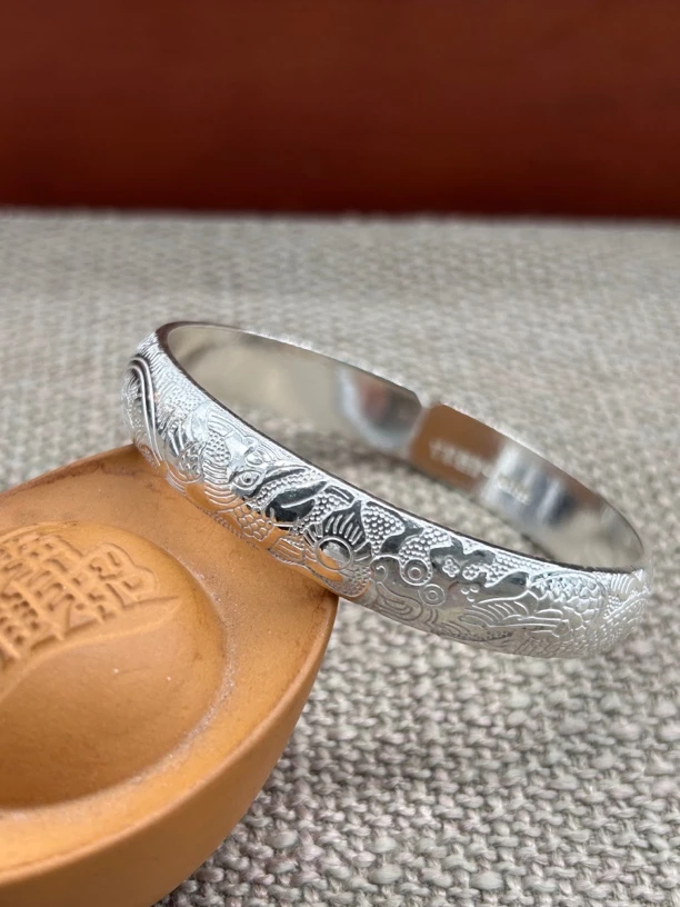 足银手镯 云南寸家银饰 足银999雪花银《龙凤呈祥》手镯