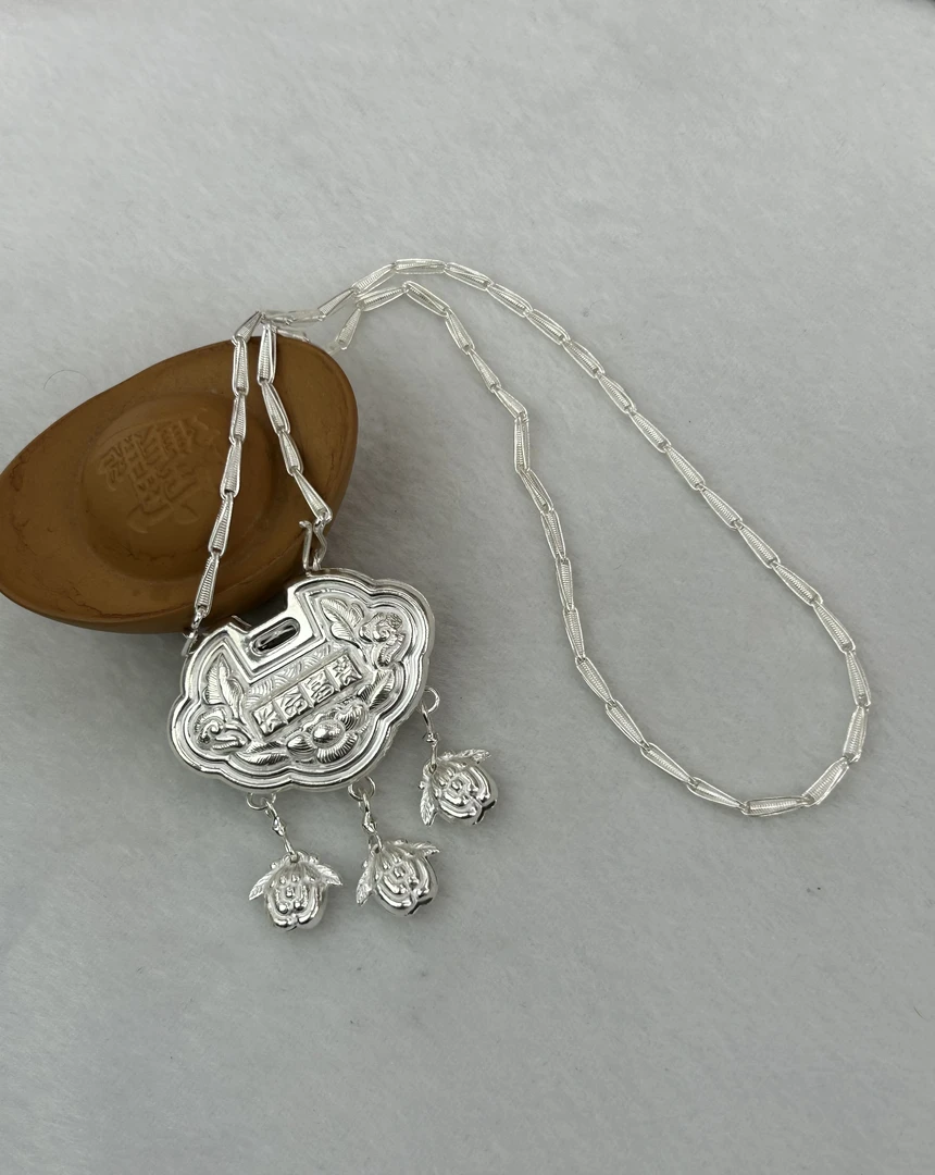 足银银制品 云南寸家银饰 足银999《长命富贵》宝宝锁纯手工制作