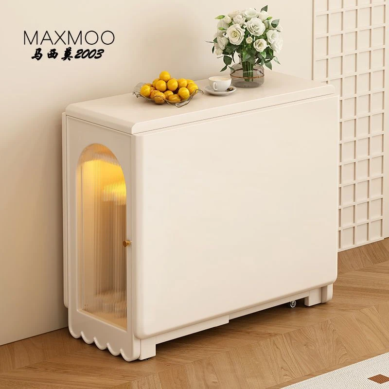 奶油风实木折叠餐桌一体餐边柜白色小户型伸缩吃饭桌多功能可移动