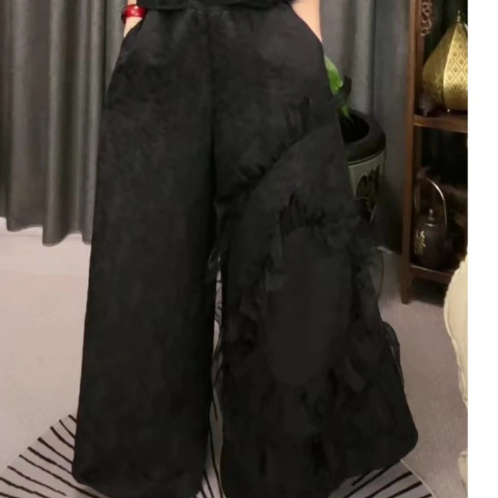 黑色提花大花朵阔腿裤