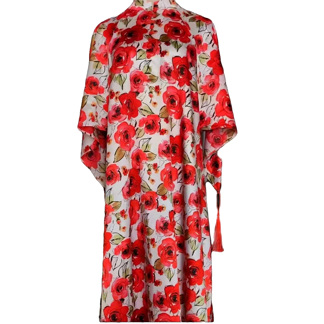 红花流苏袖连衣裙